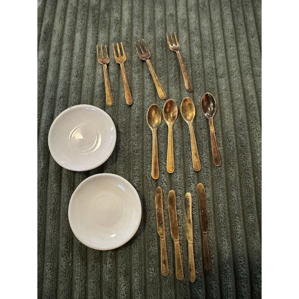 Miniature Plates‎ & Metal Flatware Sets 15pc Lot Dollhouse Size USA & China